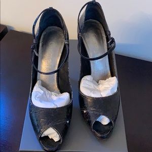 Gunmetal peep toe platform heels